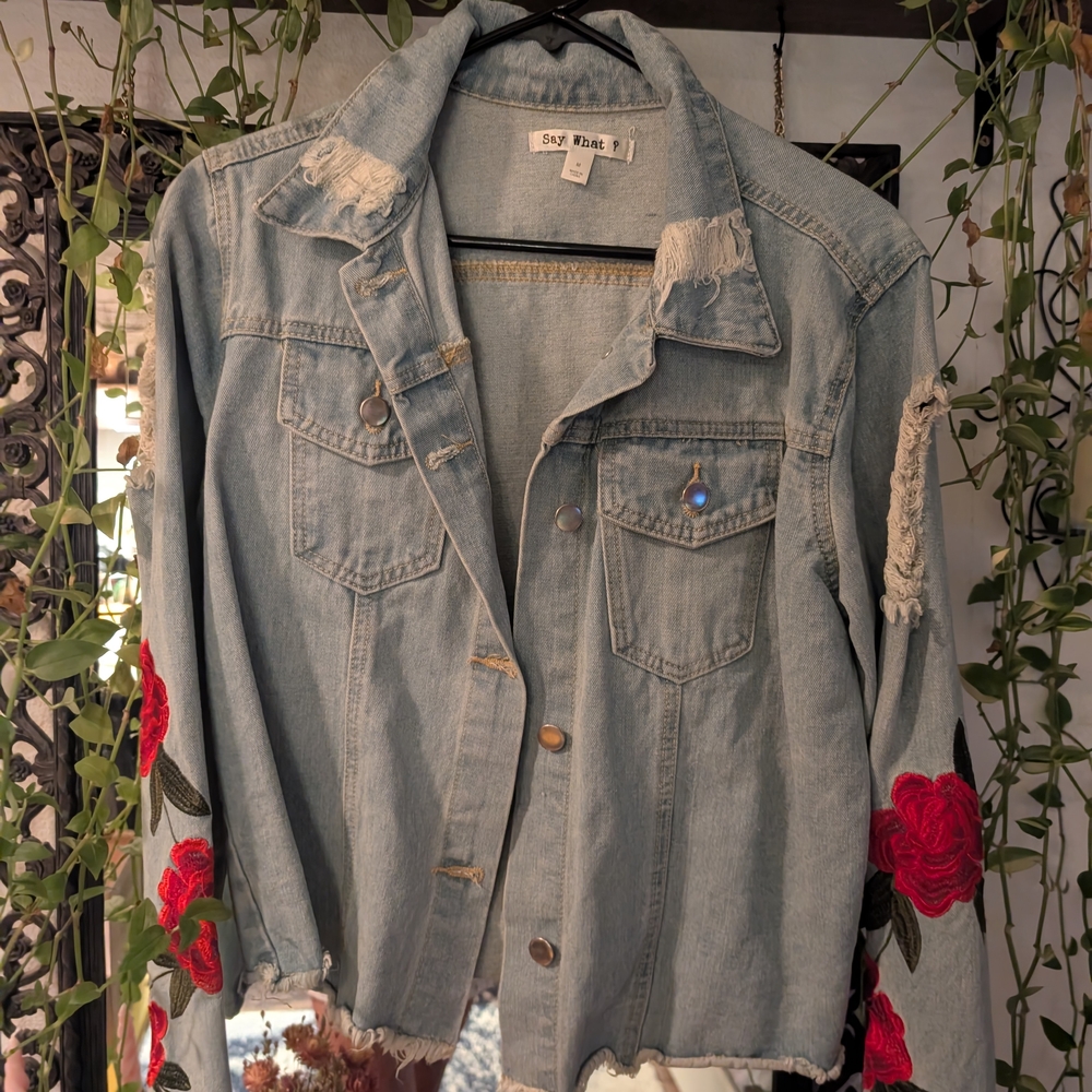 Say What? Light Blue Denim Jacket with Red Floral Details